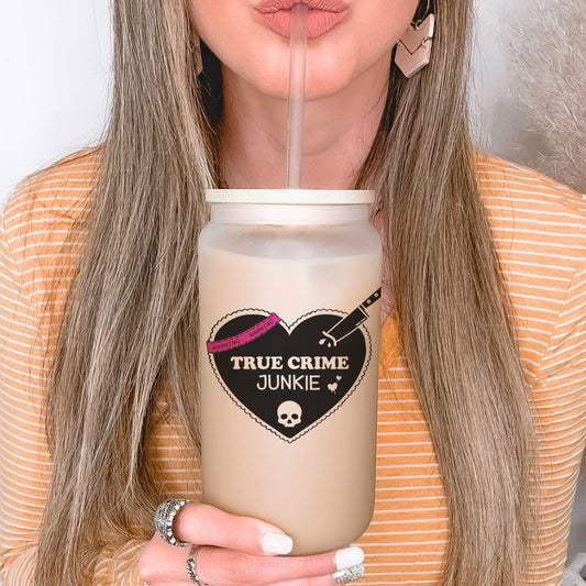 True Crime Junkie Frosted Glass Cup with Bamboo Lid and Straw
