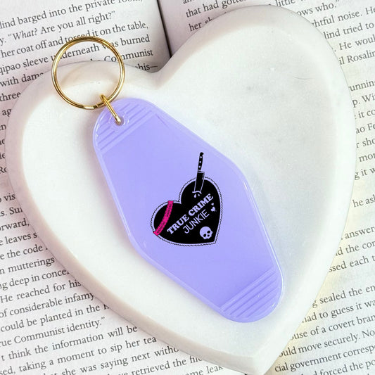 True Crime Junkie Motel Keychain for Mystery and Crime Book Lovers
