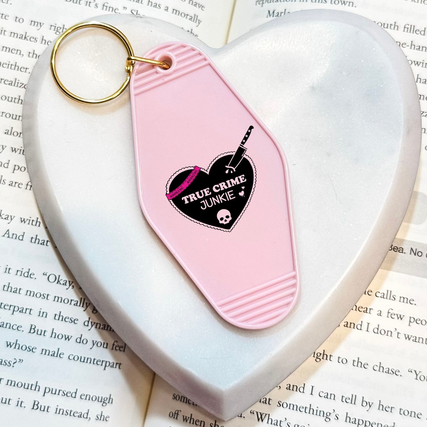 True Crime Junkie Motel Keychain for Mystery and Crime Book Lovers