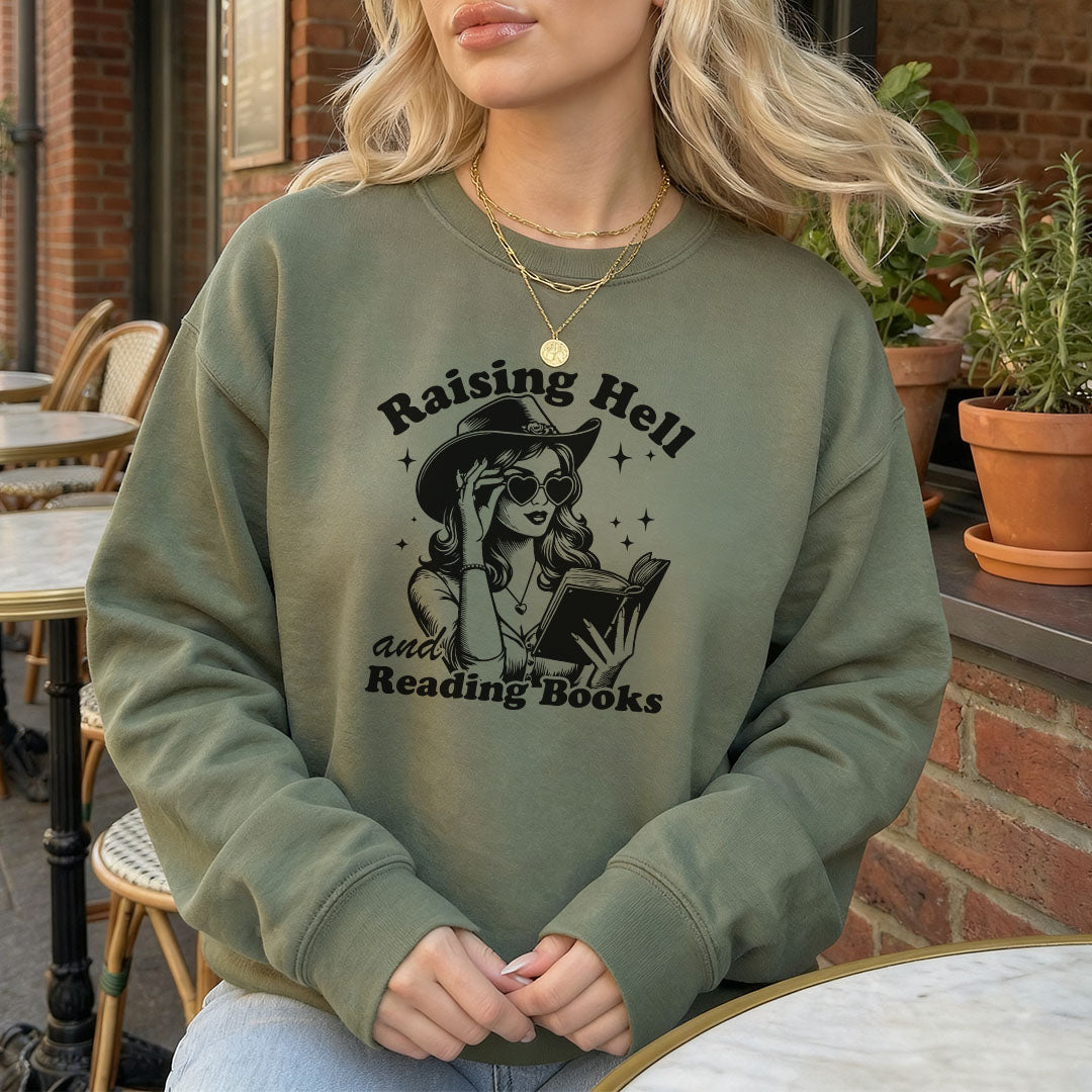 Raising Hell And Reading Books Gildan Crewneck Sweatshirt