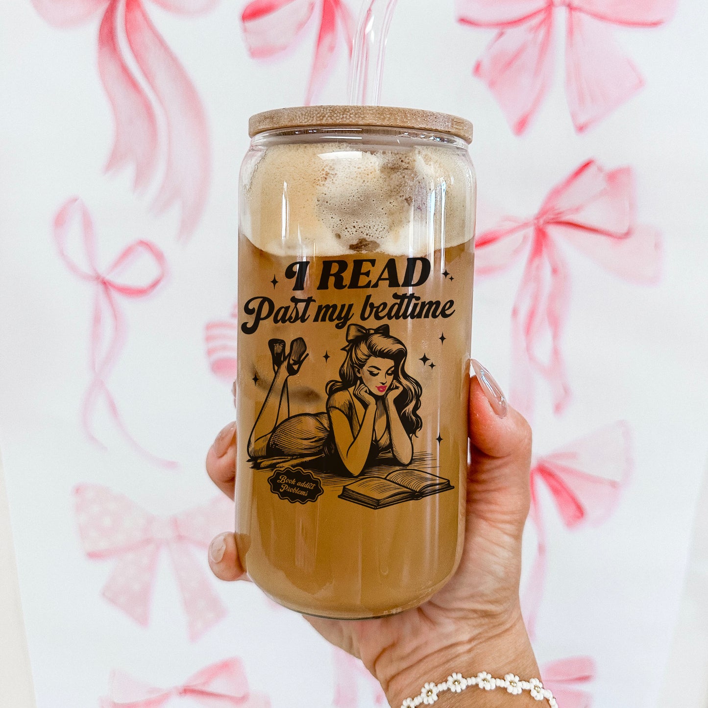 I Read Past My Bedtime Clear Glass Cup with Bamboo Lid & Plastic Straw