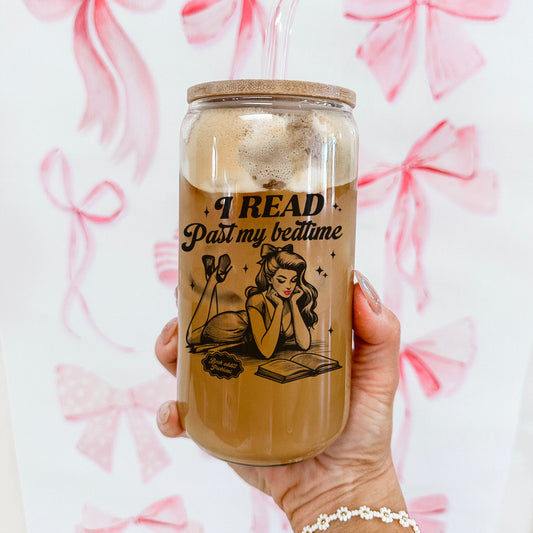 I Read Past My Bedtime Clear Glass Cup with Bamboo Lid & Plastic Straw