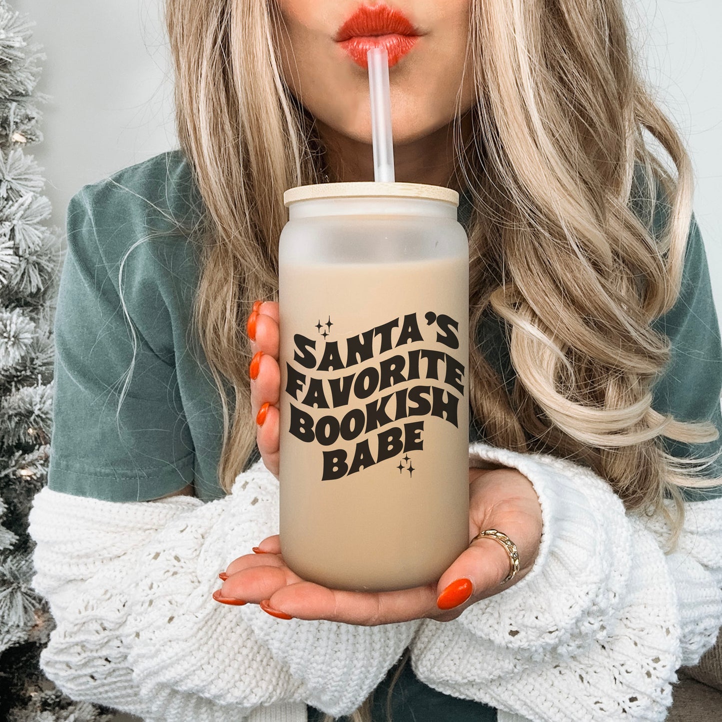 Santa’s Favorite Bookish Babe Frosted Glass Cup w/Bamboo Lid & Straw