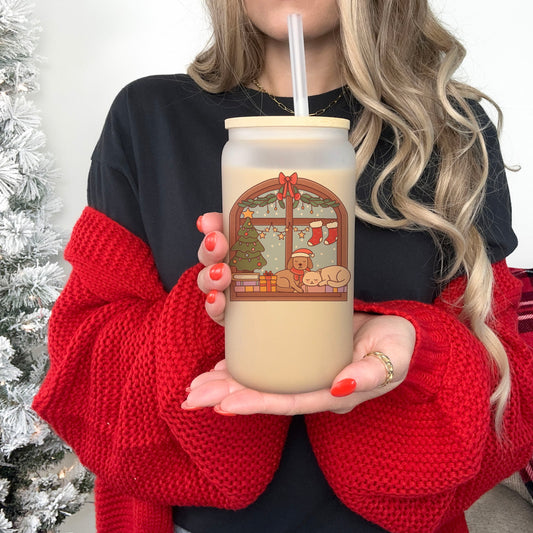 Christmas Reading Nook Frosted Glass Cup With Bamboo Lid and Straw