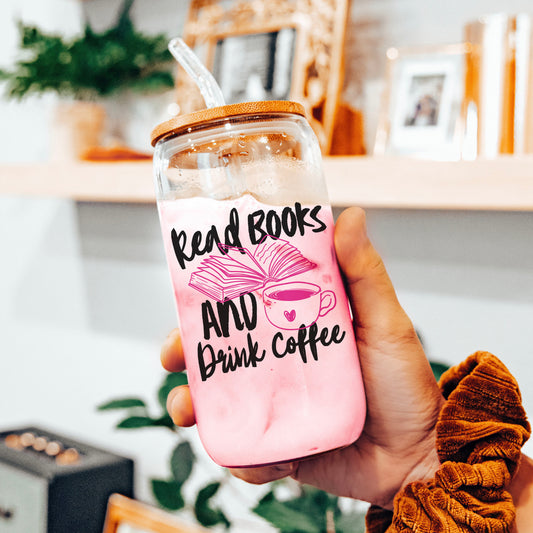 Read Books And Drink Coffee Clear Glass Cup With Bamboo Lid And Plastic Straw