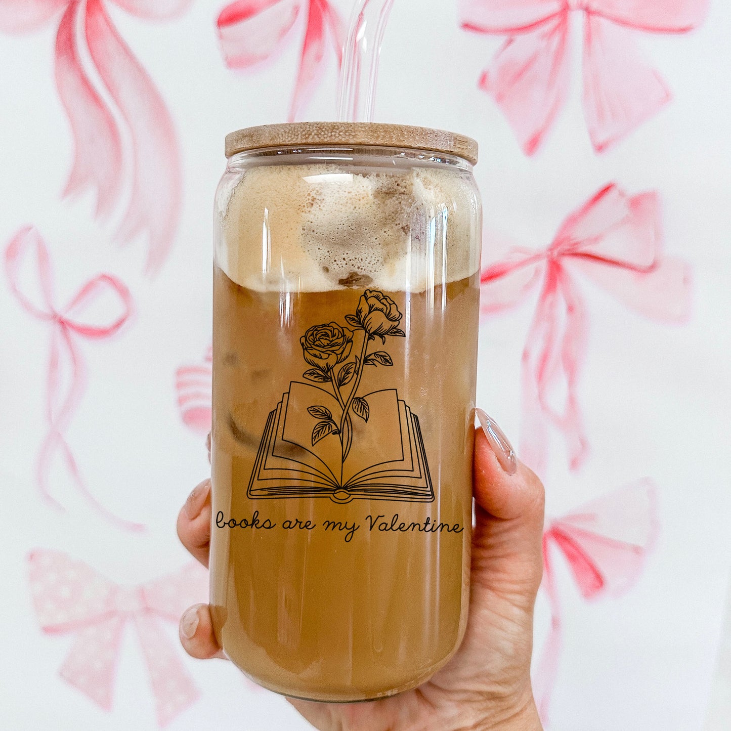 Books Are My Valentine Clear Glass Cup with Bamboo Lid & Straw