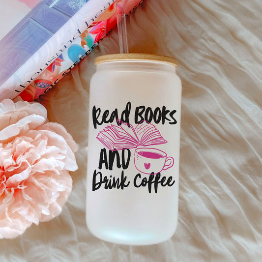Read Books And Drink Coffee Frosted Glass Cup With Bamboo Lid And Plastic Straw