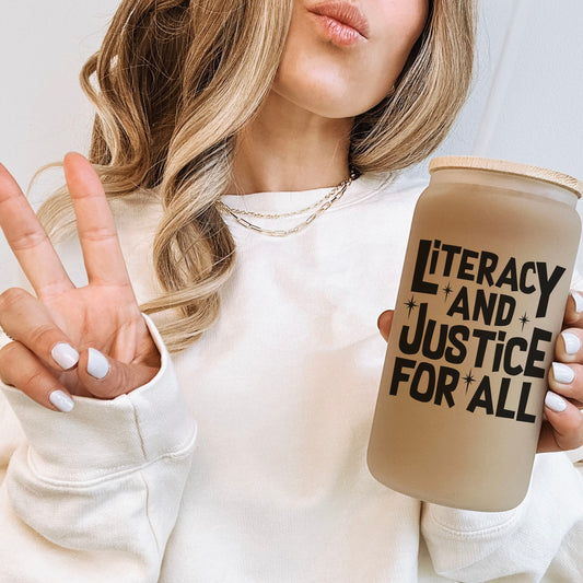 Literacy And Justice For All Frosted Glass Cup with Bamboo Lid & Straw