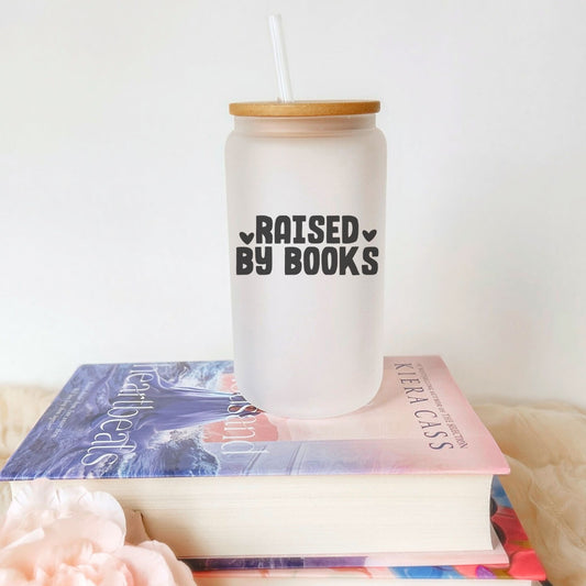 Raised By Books Frosted Glass Cup with Bamboo Lid & Straw