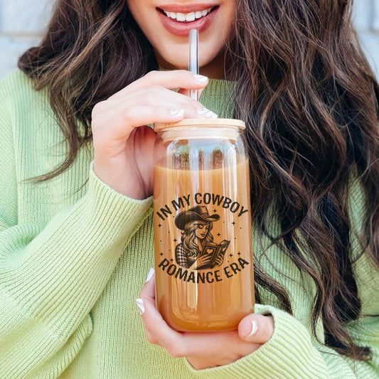In My Cowboy Romance Era Clear Glass Cup with Bamboo Lid and Straw