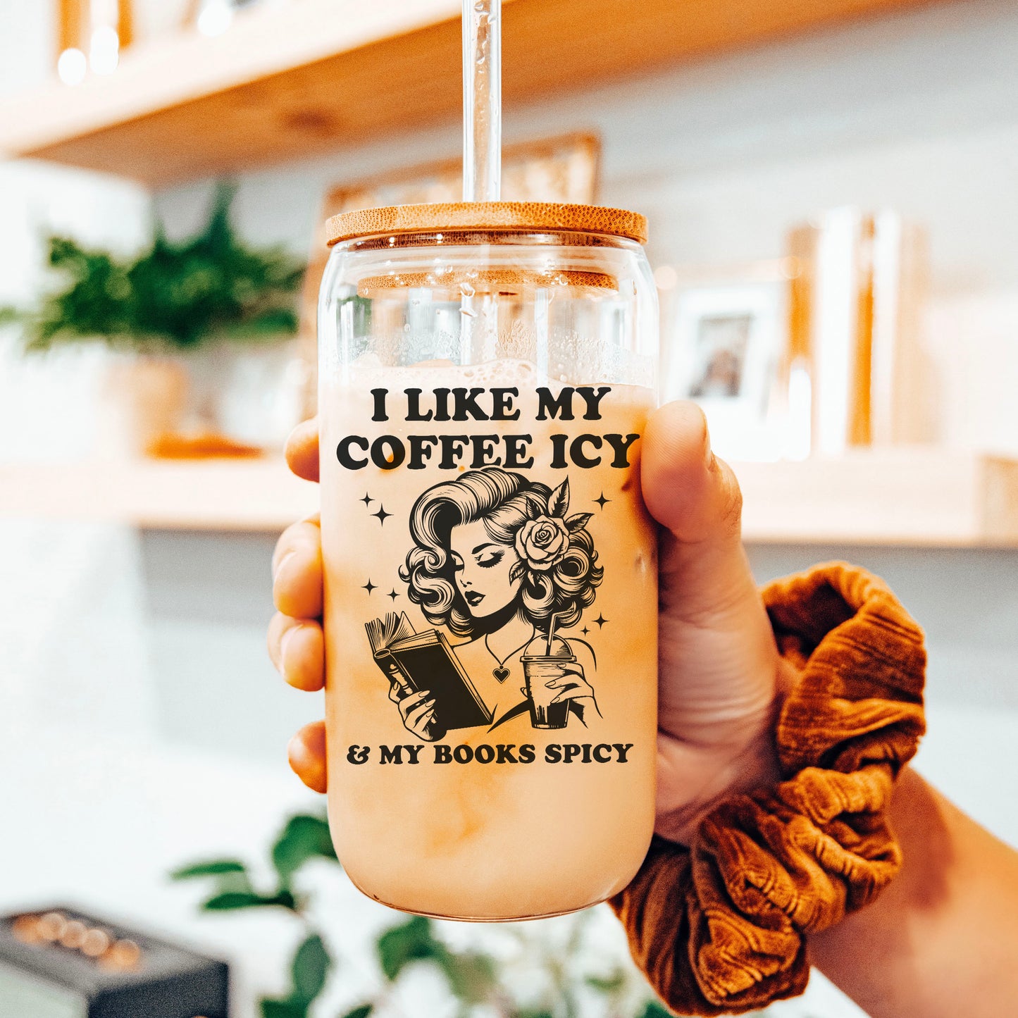 I Like My Coffee Icy & My Books Spicy Clear Glass Cup With Bamboo Lid And Plastic Straw