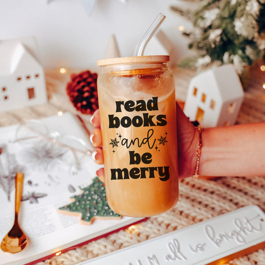 Read Books and Be Merry Clear Glass Cup With Bamboo Lid And Straw