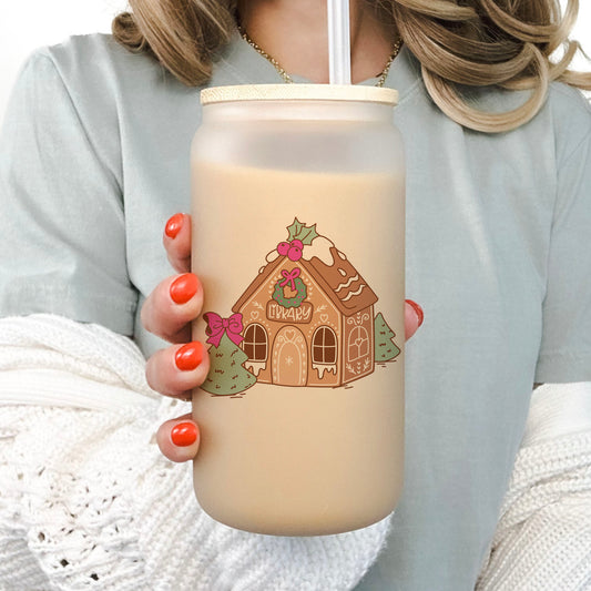 Gingerbread Bookmas Library Frosted Glass Cup With Bamboo Lid and Straw