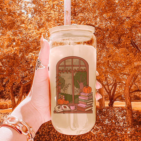 Cozy Autumn Reading Nook Clear Glass Cup