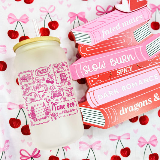 Bookish Romance Tropes Frosted Glass Cup with Bamboo Lid & Plastic Straw
