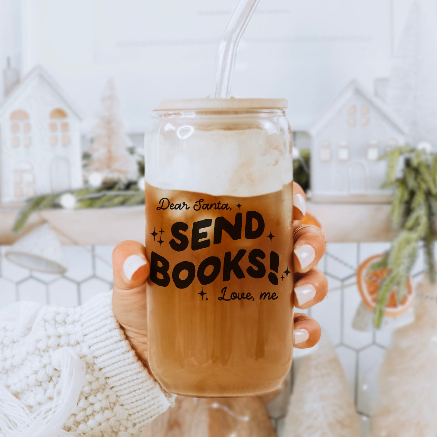 Dear Santa, Send Books! Clear Glass Cup With Bamboo Lid And Straw