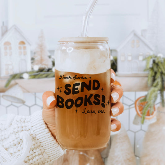 Dear Santa, Send Books! Clear Glass Cup With Bamboo Lid And Straw