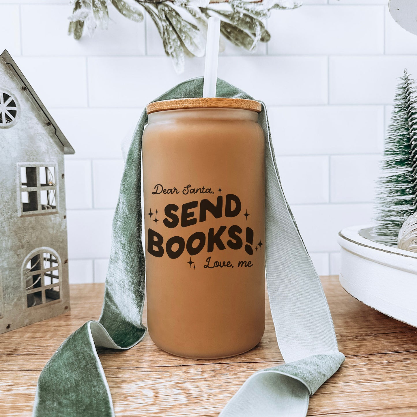 Dear Santa, Send Books! Frosted Glass Cup w/Bamboo Lid & Straw