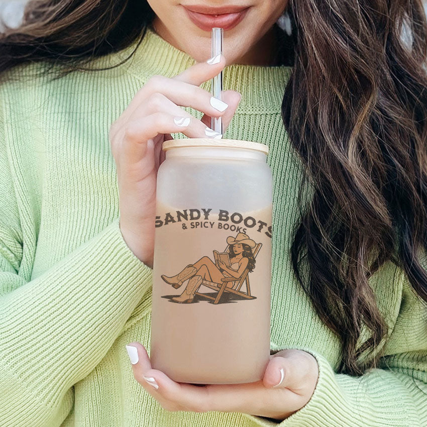 Sandy Boots & Spicy Books Clear Glass Cup with Bamboo Lid & Straw