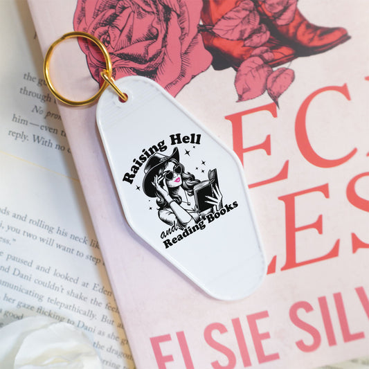 Raising Hell And Reading Books Retro Motel Keychain