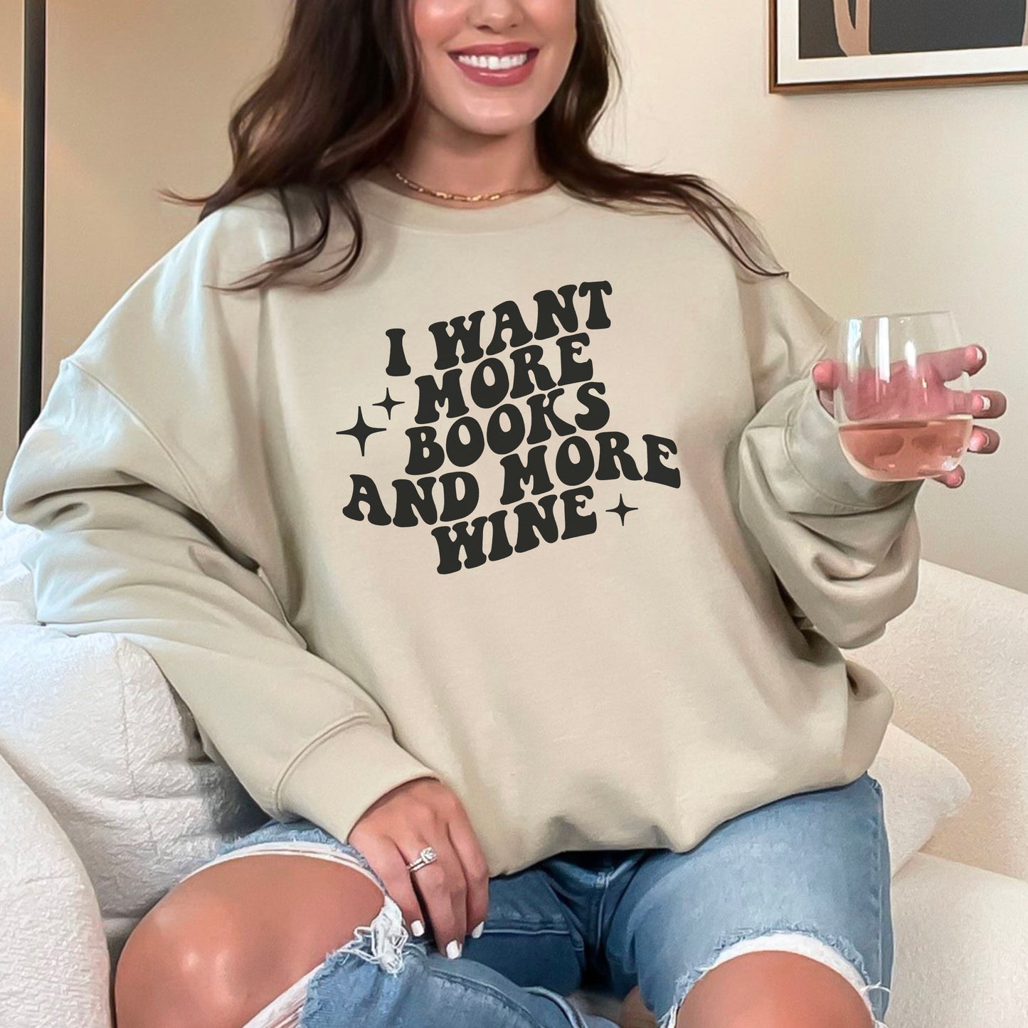 I Want More Books And More Wine Gildan Crewneck Sweatshirt