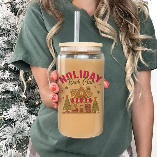 Holiday Book Club Bookstore Clear Glass Cup With Bamboo Lid And Straw