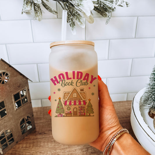Holiday Book Club Bookstore Frosted Glass Cup With Bamboo Lid and Straw