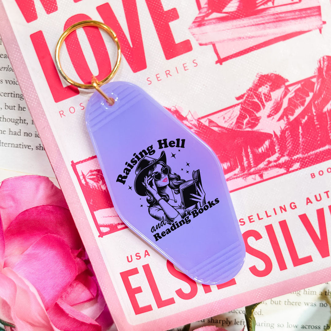 Raising Hell And Reading Books Retro Motel Keychain