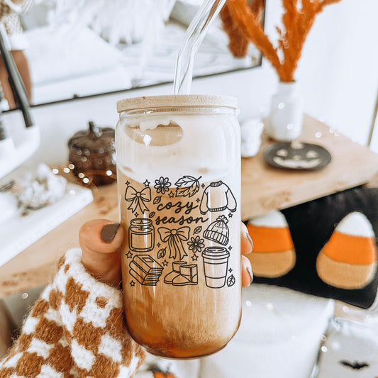 Cozy Season Clear Glass Cup with Bamboo Lid and Straw Bookish Fall Collection