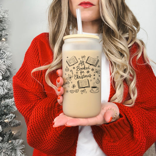 All Booked for Christmas Frosted Glass Cup With Bamboo Lid and Straw