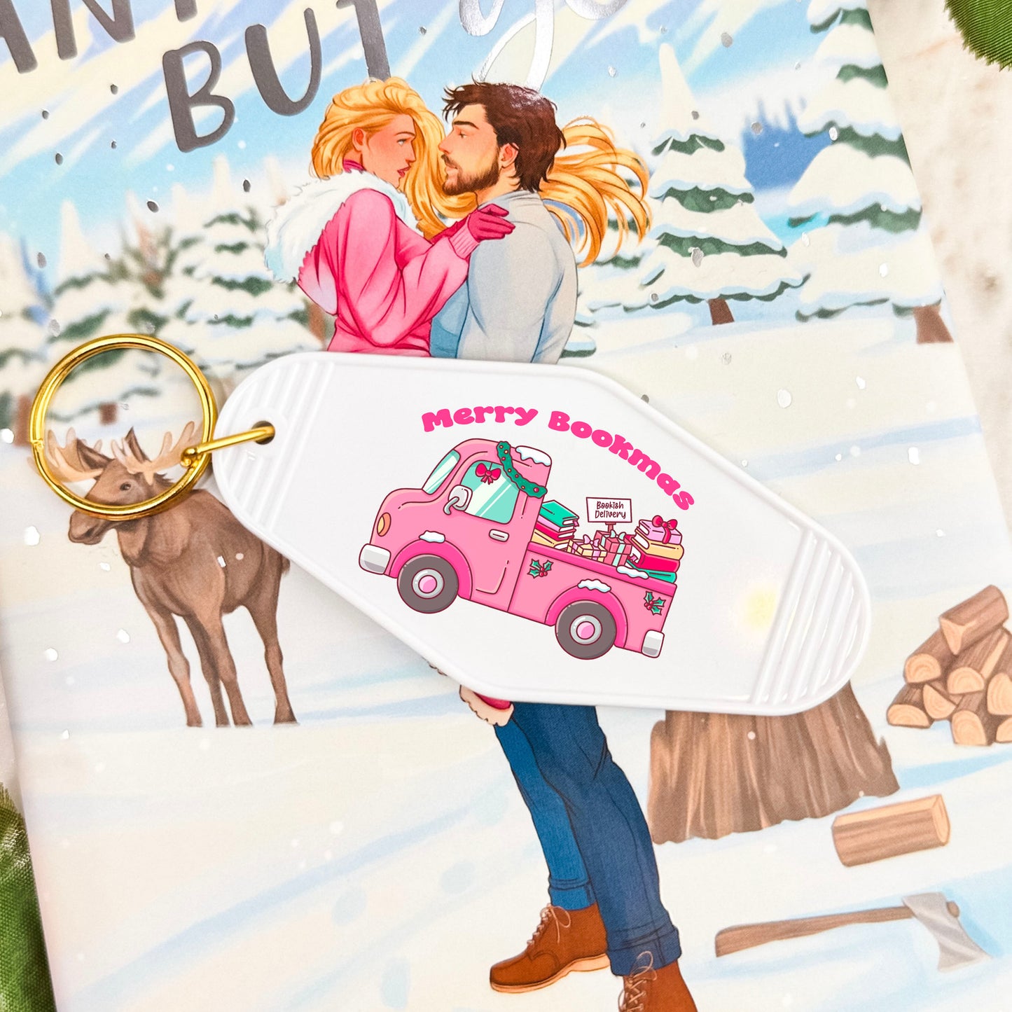 Merry Bookmas Holiday Book Truck Motel Keychain