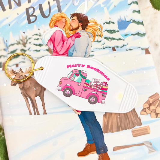 Merry Bookmas Holiday Book Truck Motel Keychain