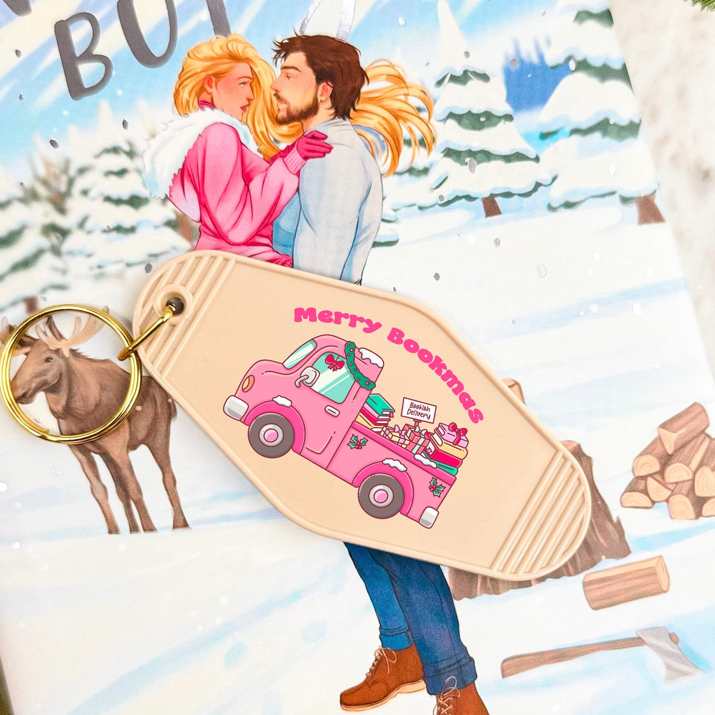 Merry Bookmas Holiday Book Truck Motel Keychain