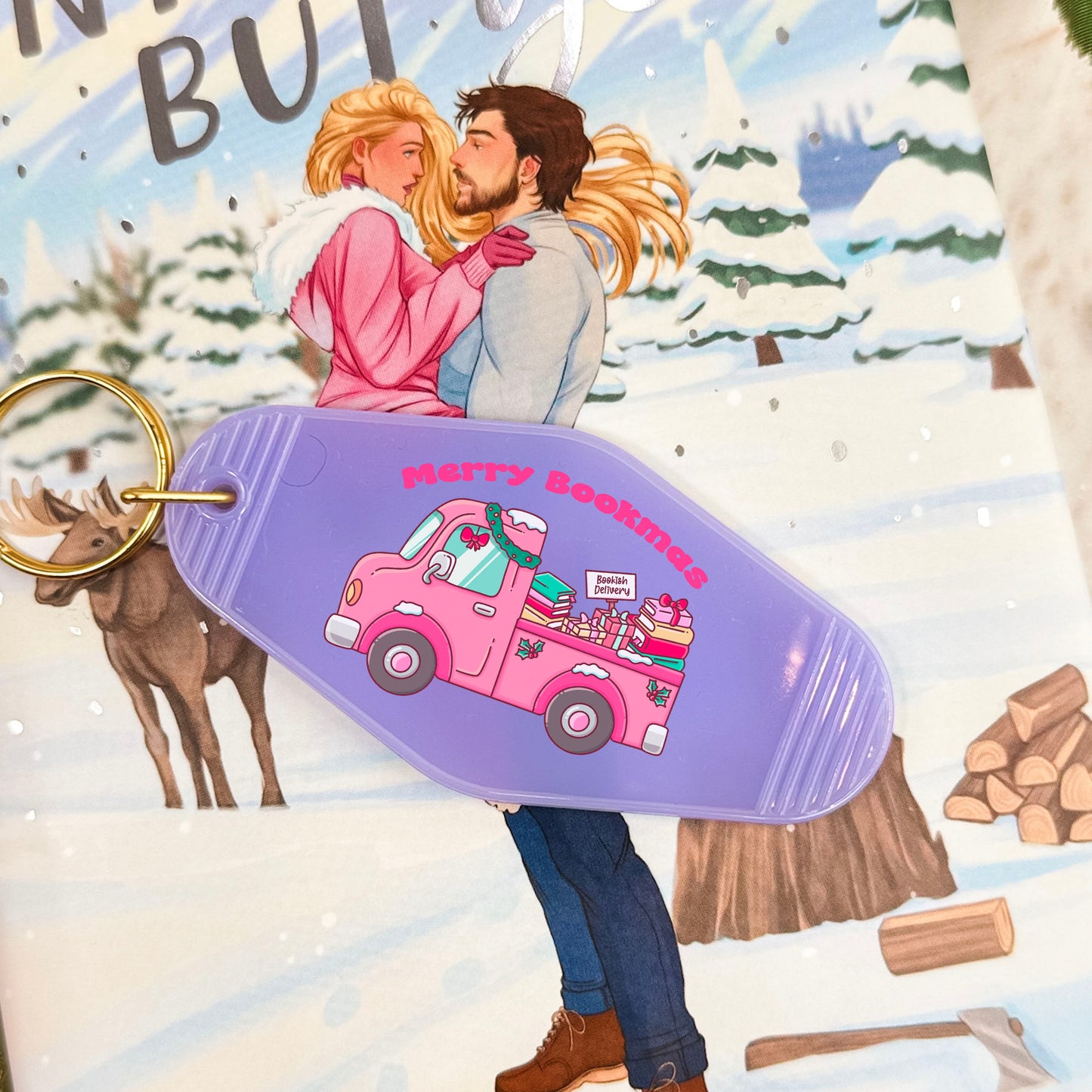 Merry Bookmas Holiday Book Truck Motel Keychain