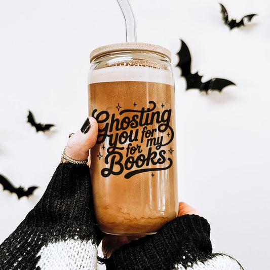 Ghosting You for My Books Clear Glass Cup with Bamboo Lid & Straw