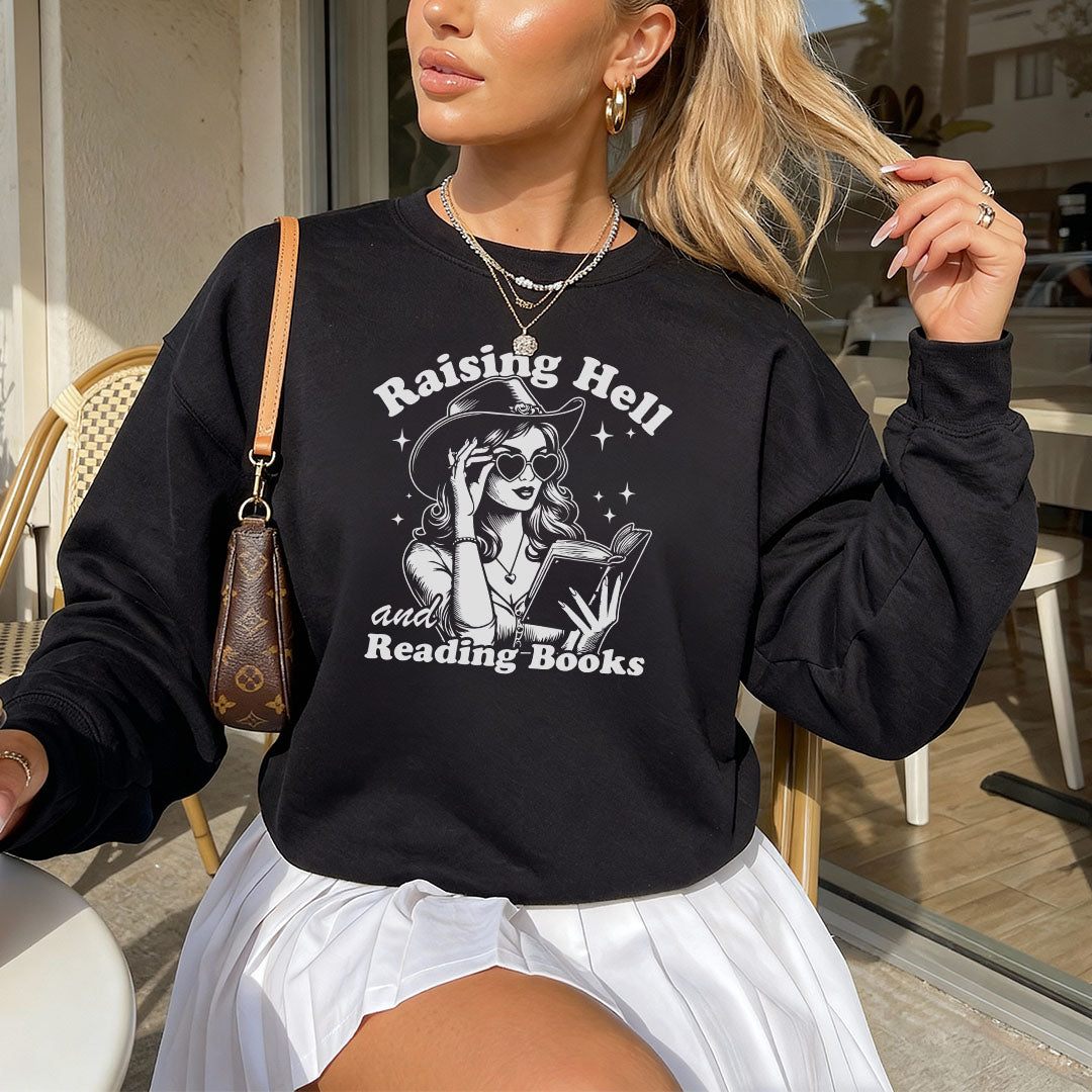 Raising Hell And Reading Books Gildan Crewneck Sweatshirt
