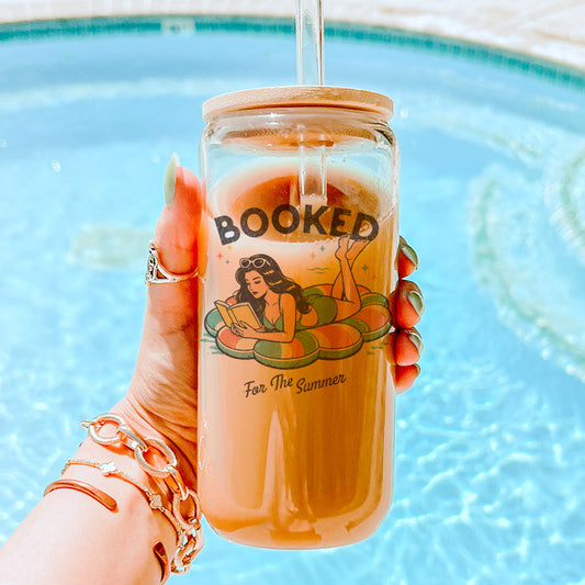 Booked For The Summer Clear Glass Cup with Bamboo Lid & Straw