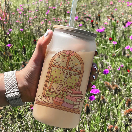 Spring Reading Nook Frosted Glass Cup with Bamboo Lid & Straw