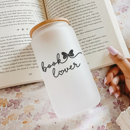Book Lover Frosted Glass Cup with Bamboo Lid & Straw