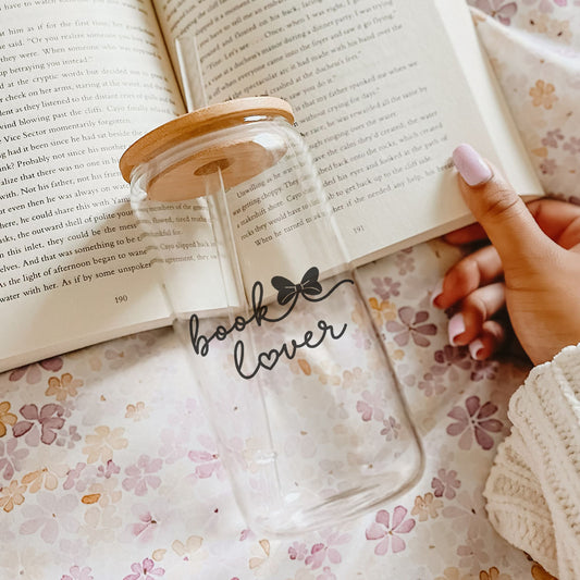 Book Lover Clear Glass Cup with Bamboo Lid & Straw