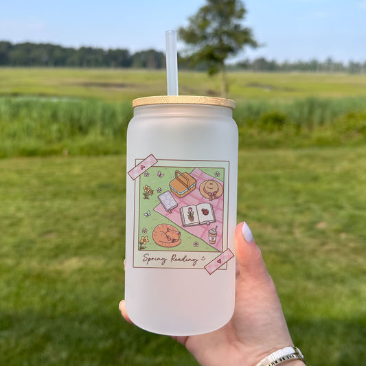 Spring Reading Picnic Frosted Glass Cup with Bamboo Lid & Straw