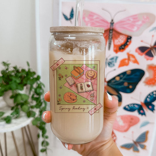 Spring Reading Picnic Clear Glass Cup with Bamboo Lid & Straw