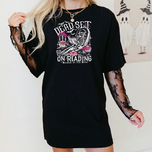 Dead Set On Reading - Comfort Colors Heavyweight Shirt | Halloween Bookworm Tee