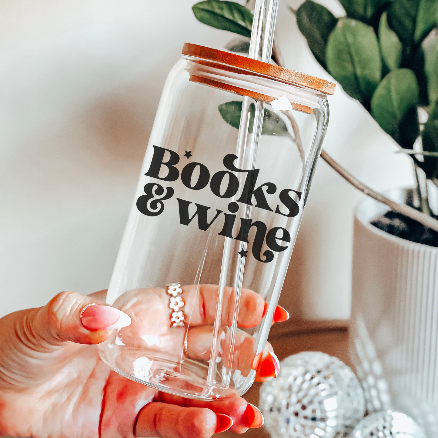 Books And Wine Clear Glass Cup with Bamboo Lid & Straw