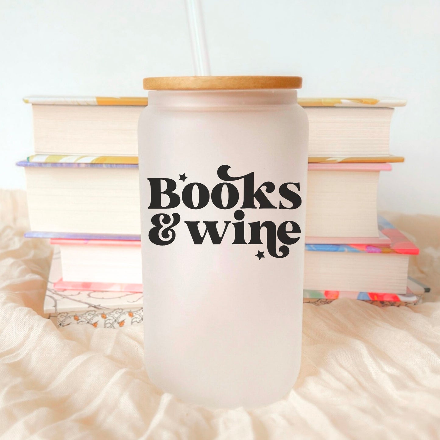 Books And Wine Frosted Glass Cup with Bamboo Lid & Straw