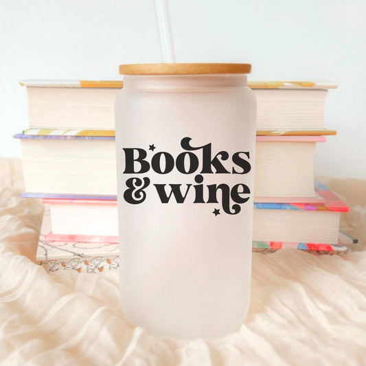 Books And Wine Frosted Glass Cup with Bamboo Lid & Straw