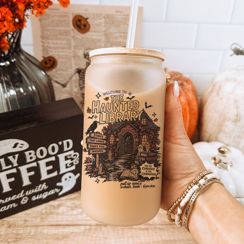 The Haunted Library Frosted Glass Cup with Bamboo Lid & Straw