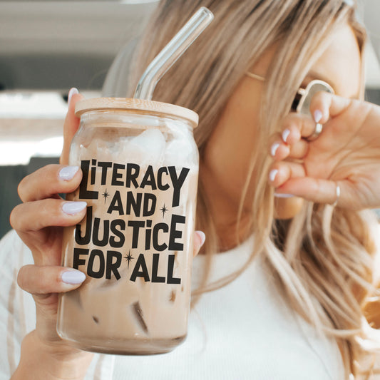 Literacy And Justice For All Clear Glass Cup with Bamboo Lid & Straw