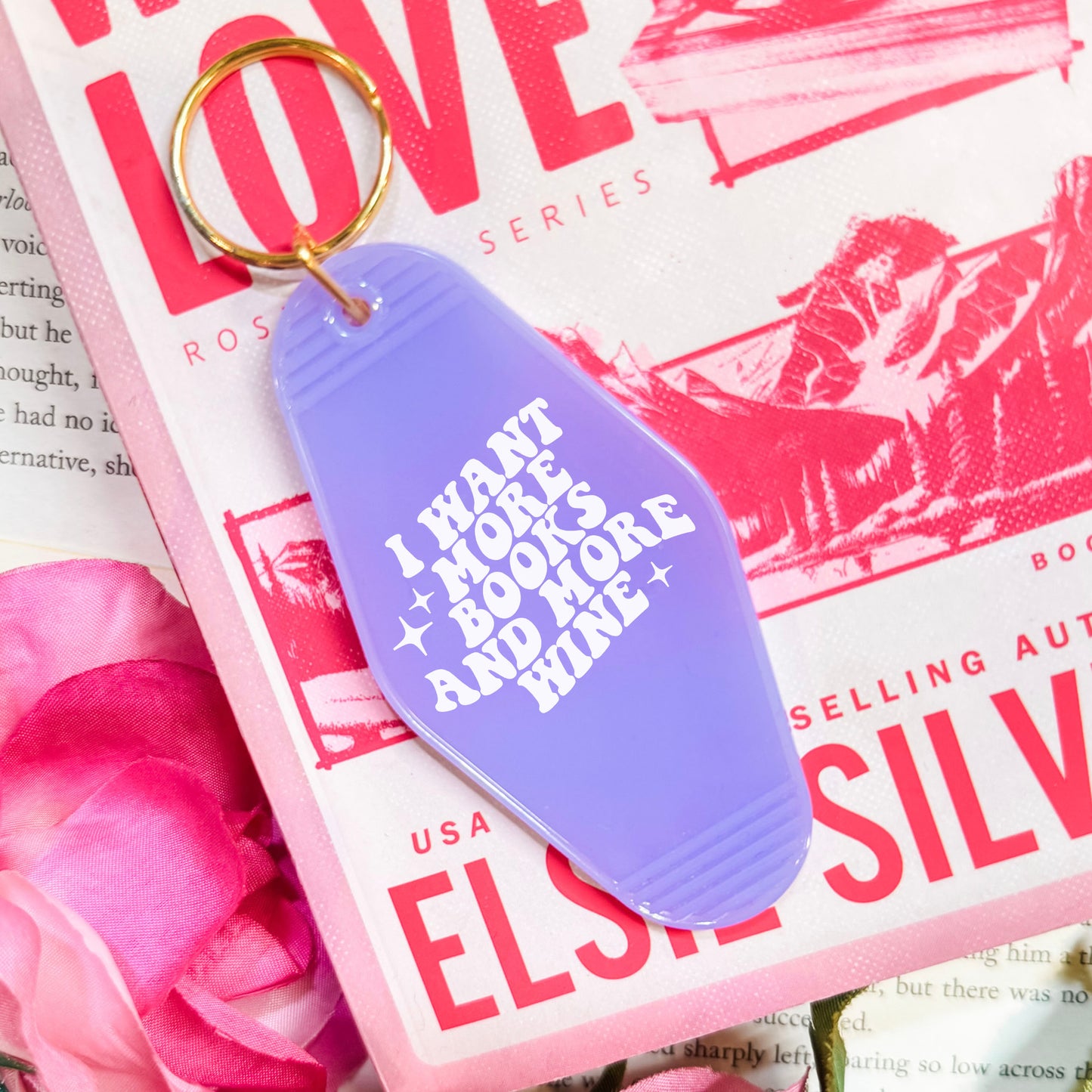 I Want More Books And More Wine Retro Motel Keychain