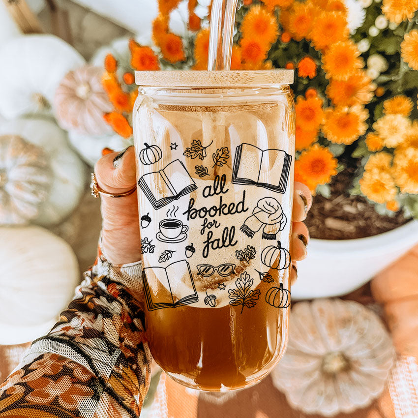 All Booked for Fall Clear Glass Cup with Bamboo Lid & Straw